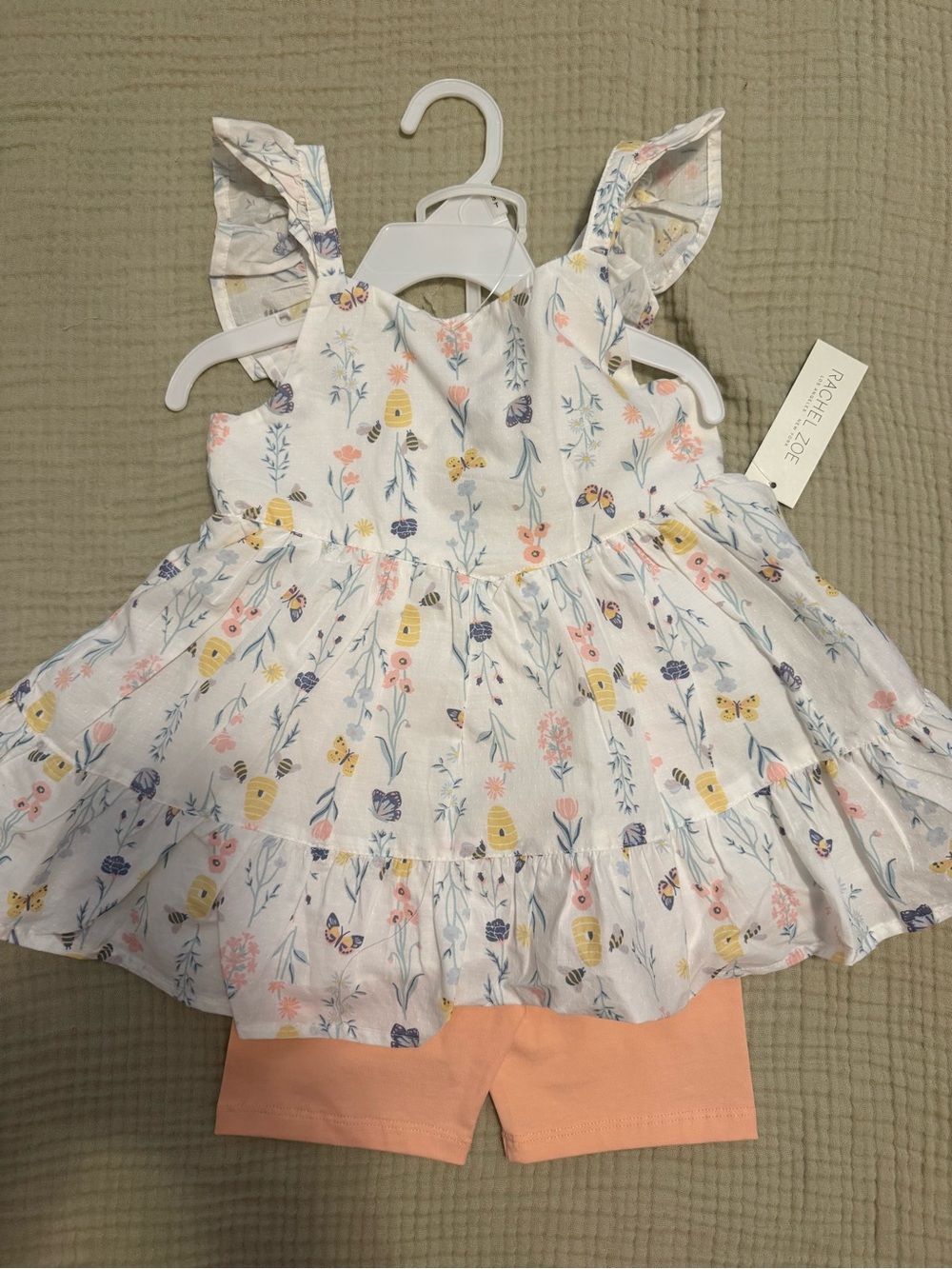 Rachel Zoe 3T White Floral Ruffle Tank with Peach Shorts set